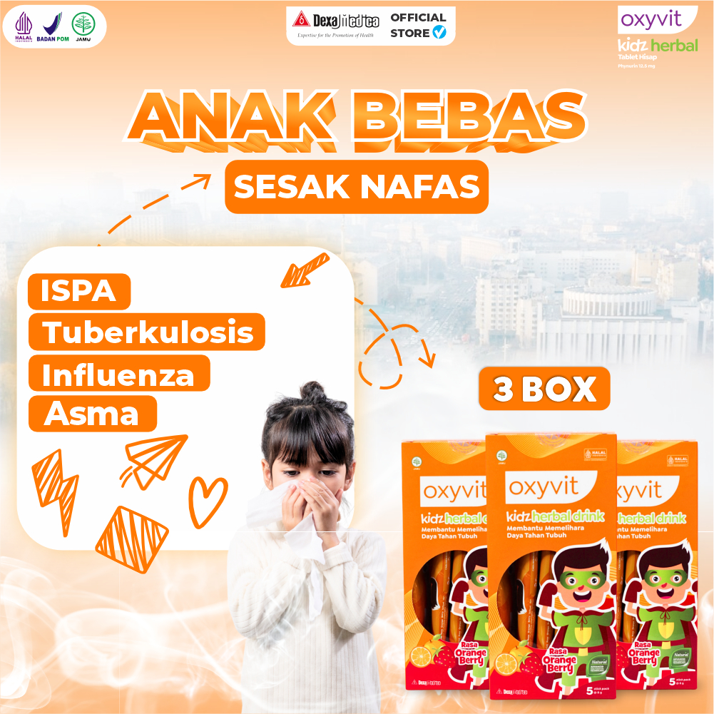 

(3 Box) Vitamin Oxyvit Kidz Herbal Drink Membantu mengurangi Gejala Sakit Pernafan @5 stickpack Rasa Orange Berry