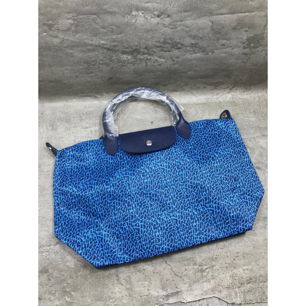 Tas Wanita Pundak LChamp Blue Leopard Panthere Biru Top Handle Handle Medium  Besar Tote Tas Kuliah 