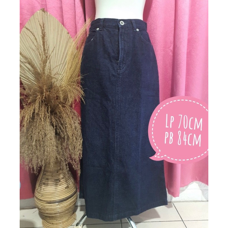 uniqlo GU denim jeans bottom bawahan maxi skirt rok panjang size tag S indigo blue biru dark dongker