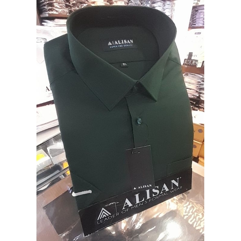 Alisan Kemeja Polos Lengan Pendek Hijau Botol