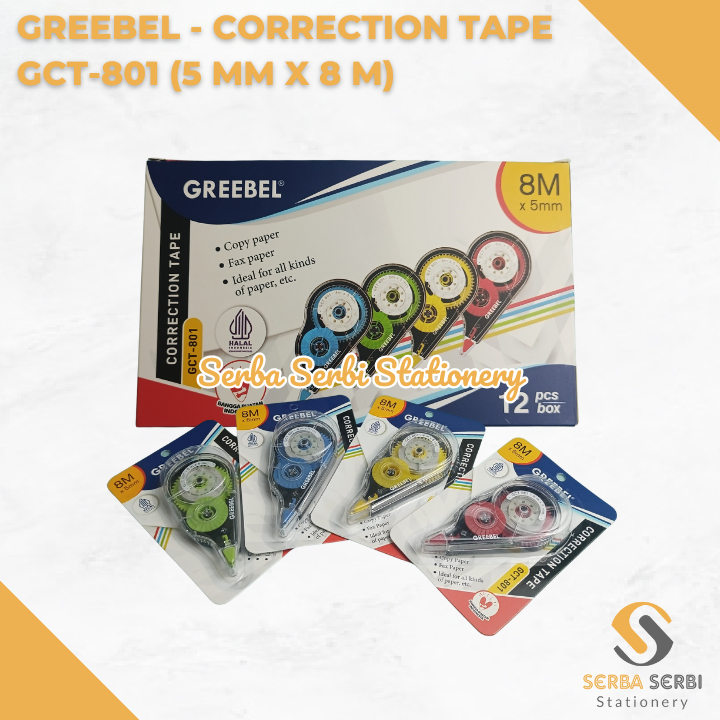 

GROSIR (1 PAK ISI 12 BIJI) GREEBEL - CORRECTION TAPE / PITA KOREKSI / TIP-EX / TIP-X / STIPO KERTAS GCT-801 (5 MM X 8 M)