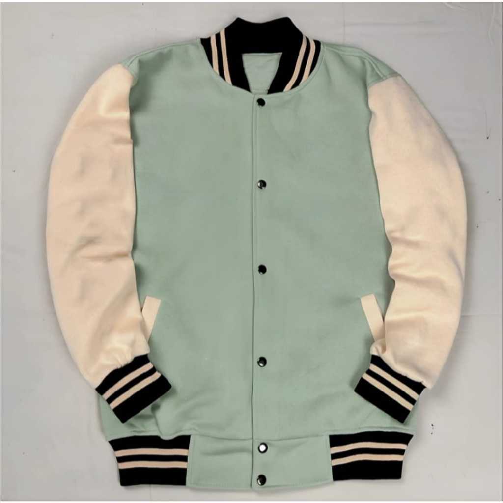 Jaket Varsity Hijau Mint Polos Pria dan Wanita Premium Quality