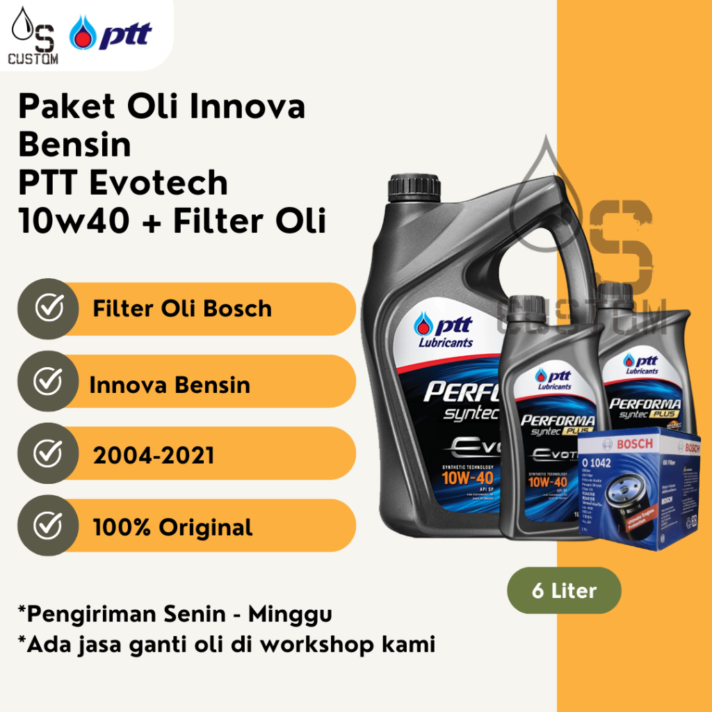 Paket Oli Innova Bensin PTT 10W40 API SP 6L + Filter Oli