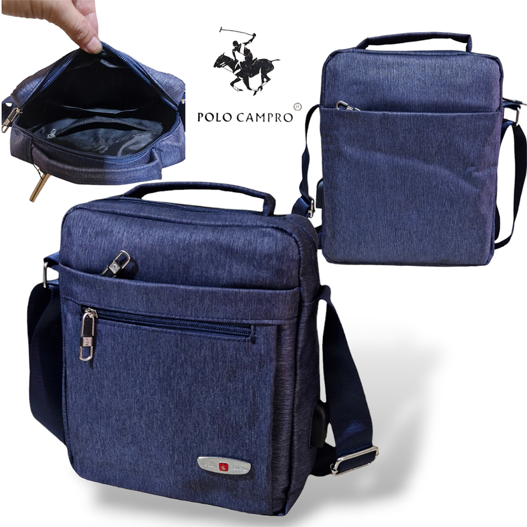 TERBARU TAS SELEMPANG POLO CAMPRO TEBAL IMPORT SLINGBAG PRIA UKURAN L DAN M DENGAN PORT USB