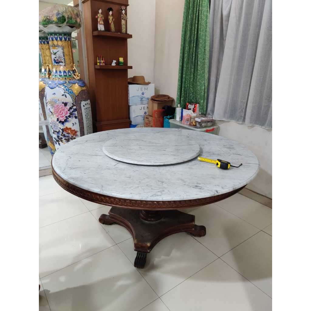 Meja Bulat Marmer Besar Kayu Jati Asli Jepara