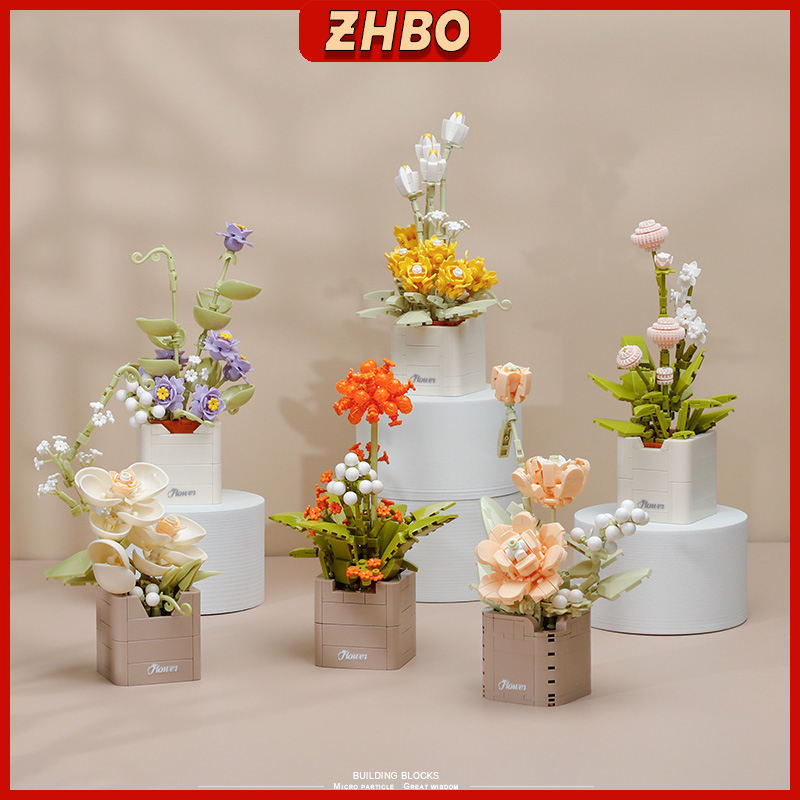 ZHBO Mainan Bunga Buket Brick Romantis Bunga Pot Tanaman Dekorasi Desktop Hadiah untuk
