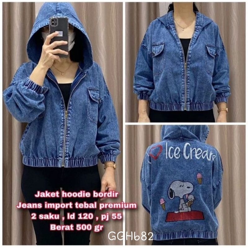 GGH682 Jaket Wanita Jeans Denim Resleting Hoodie bordir belakang jumbo LD120 pj55