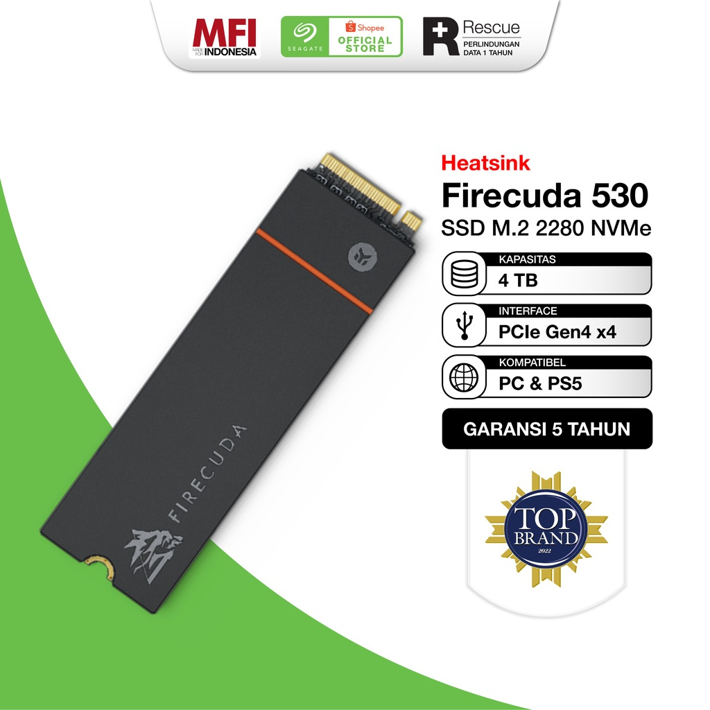 Seagate FireCuda 530 Heatsink SSD 4TB M.2 2280 NVMe Gen 4 ( Kompatible untuk PS5 )