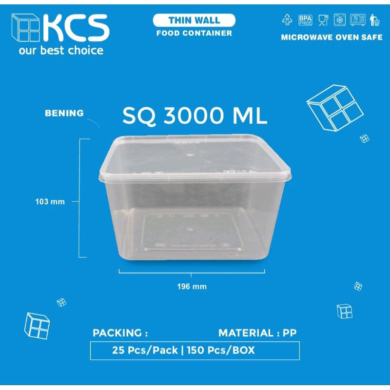 [ISI 25 PCS] THINWALL SQUARE 3000 ML KCS / kotak makan persegi plastik