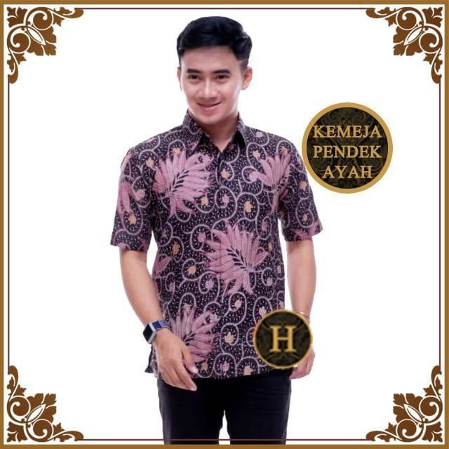 Atasan Batik Pria Lengan Pendek - Motif Bunga Lilac Abu - Warna Biru Abu