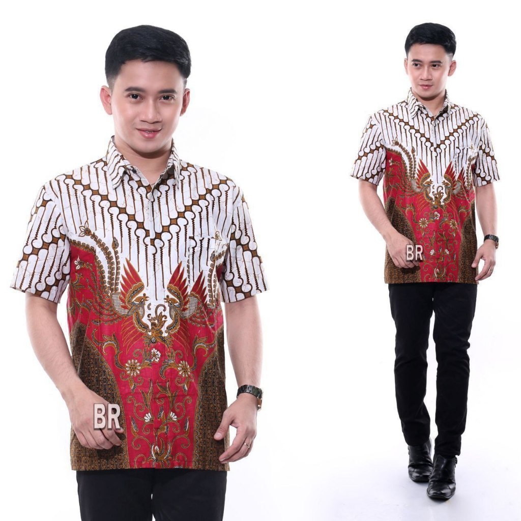 Atasan Batik Pria Lengan Pendek - Motif Nasionalis Merah Putih - Warna Merah Putih