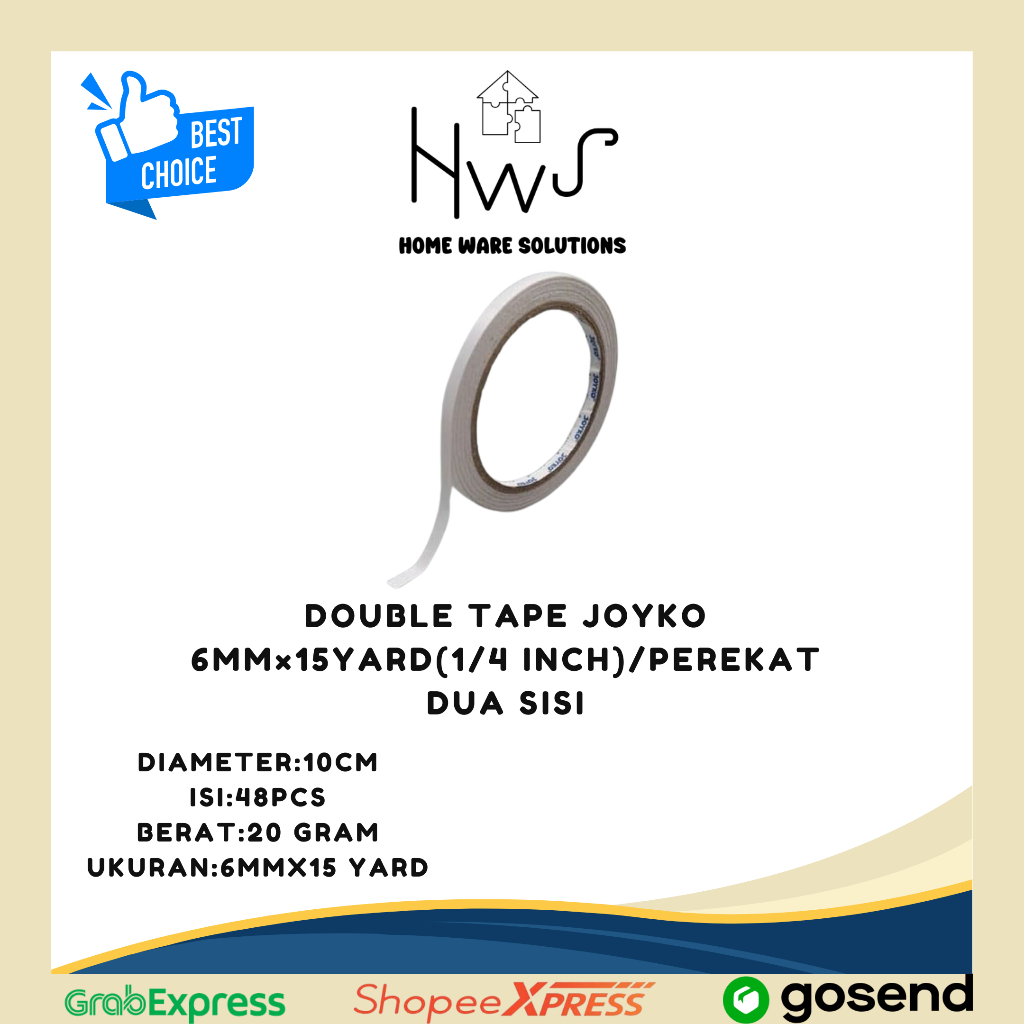 

Double Tape Joyko 6mm×15yard(1/4 inch)/Perekat Dua Sisi