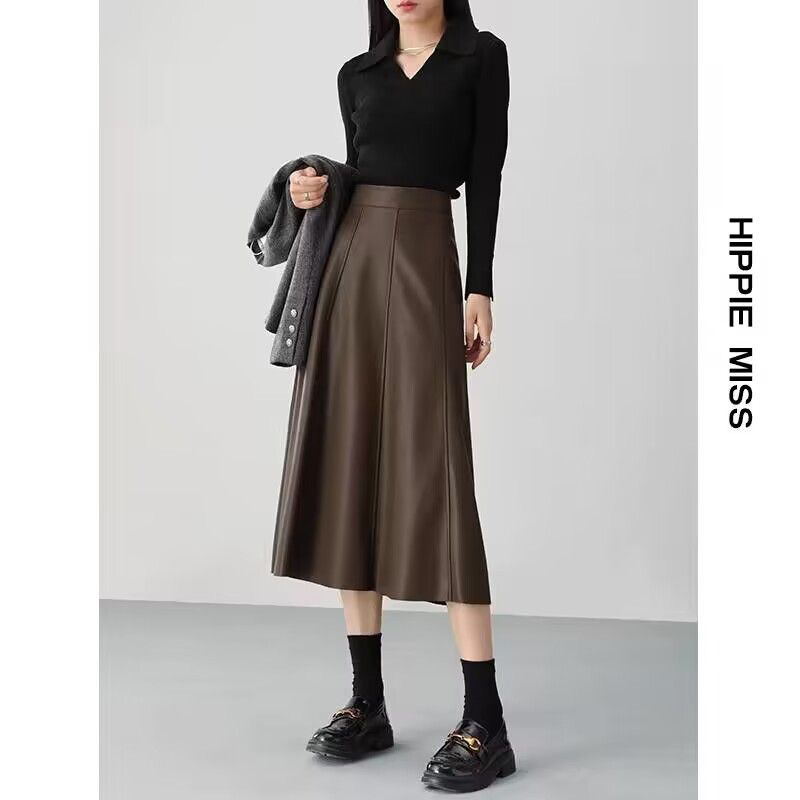 ROK KULIT LATEX LEBAR MIDI WANITA