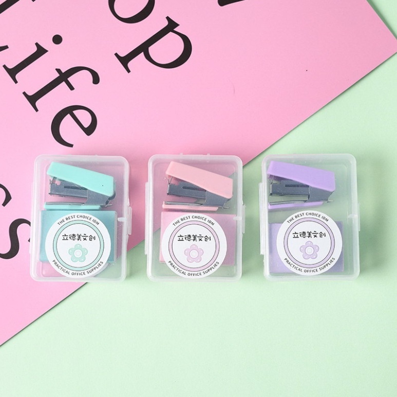 

JAEMIPURPLE | Mini Stapler Set Macaron Color Staples Mini Ukuran Kecil Unik Kemasan Box Lucu Free Isi Warna Pastel Perlengkapan Kantor