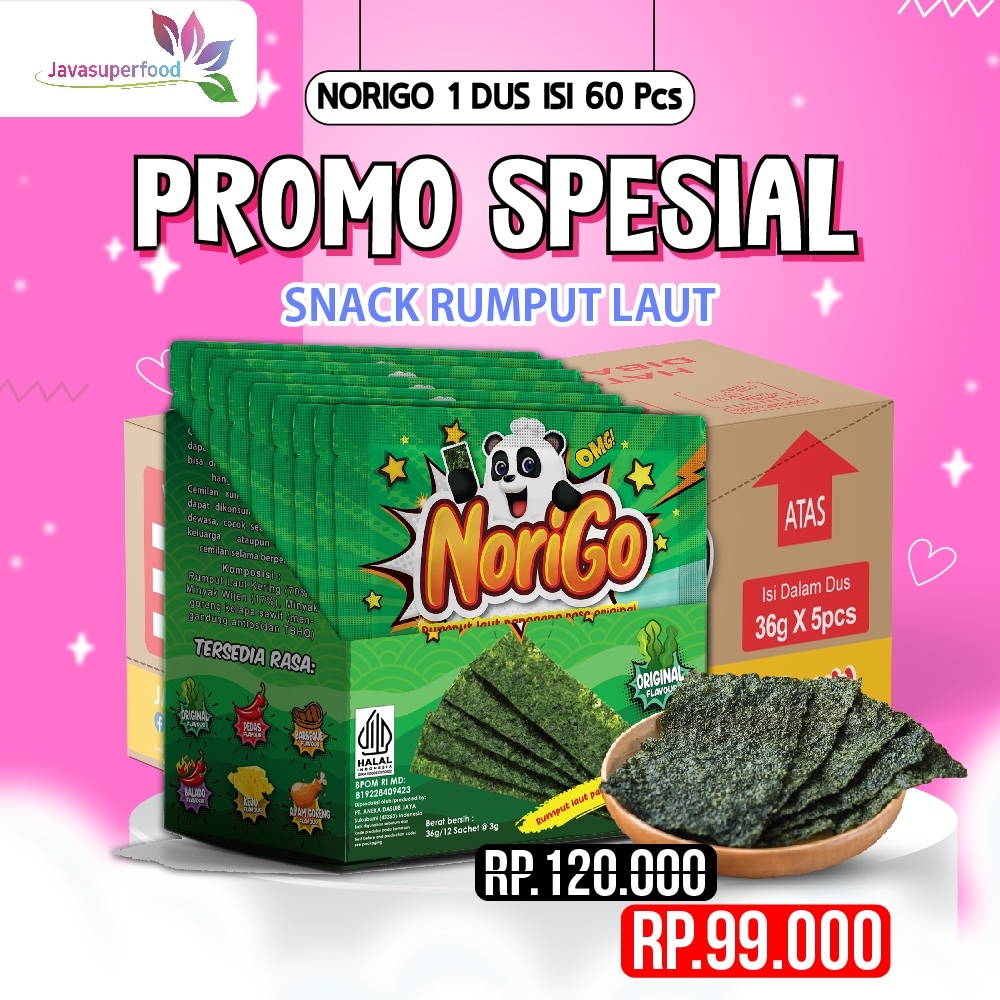 

(BELI 1 DUS FREE 10 PCS) Norigo Nori Original Sachet Seaweed Snack 3g Rumput Laut Halal Original
