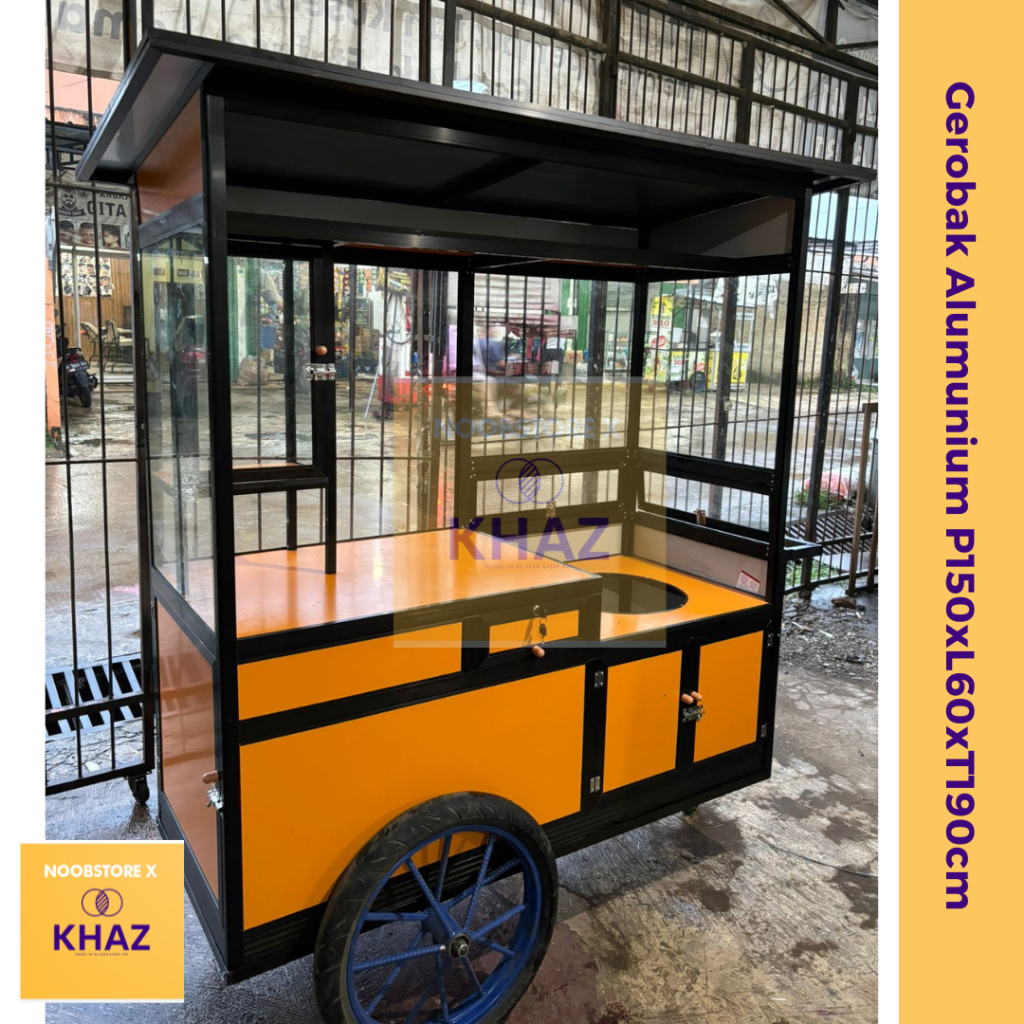Gerobak Dorong Alumunium Jualan Frame Coklat Panel Orange P150cm