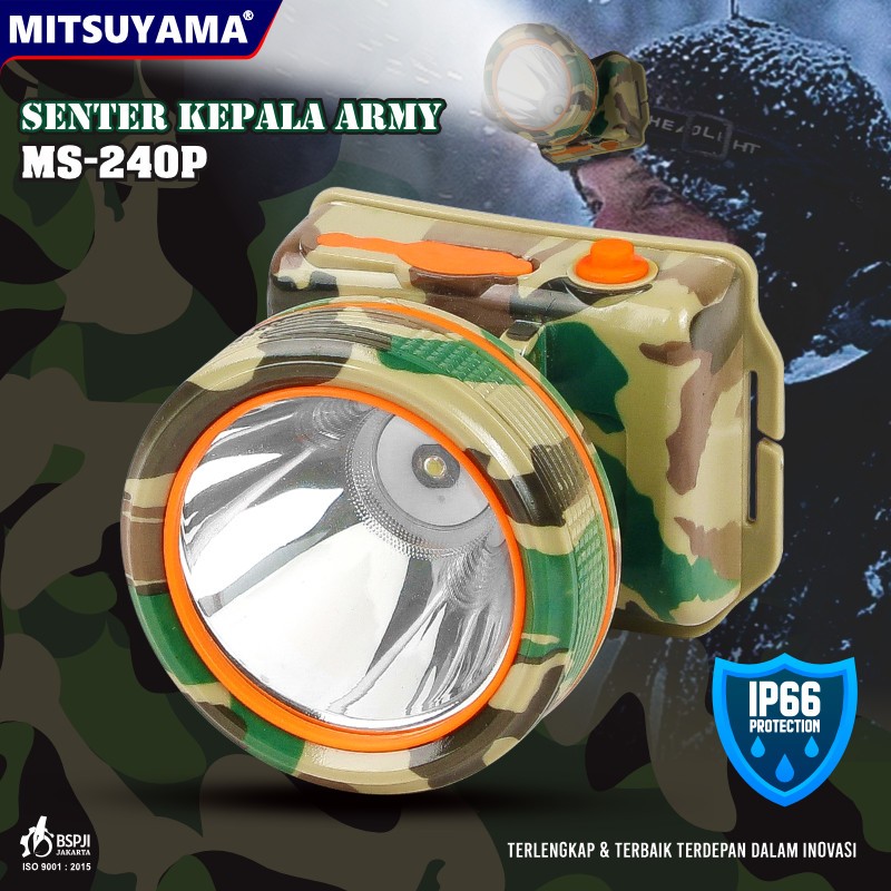 Senter Kepala Army Rechargeble 80W Mitsuyama Ring 78 MS-240P  TYPE : MS-240P SUMBER DAYA : Baterai 4