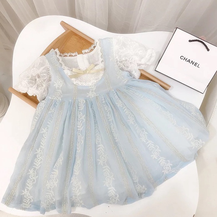 ART J83C Dress Noni Blue ala putri kerajaan  gaun biru muda kombinasi putih brukat  korean style  Er