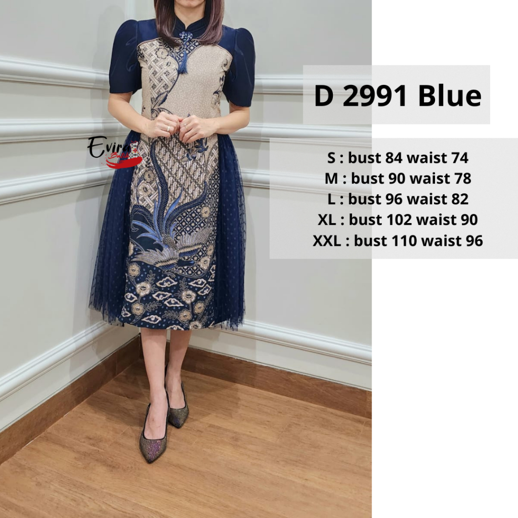 Dress Batik Wanita Modern D 2991 blue /Dress Pesta/Batik Set Couple/Dress Kondangan By Evira Batik