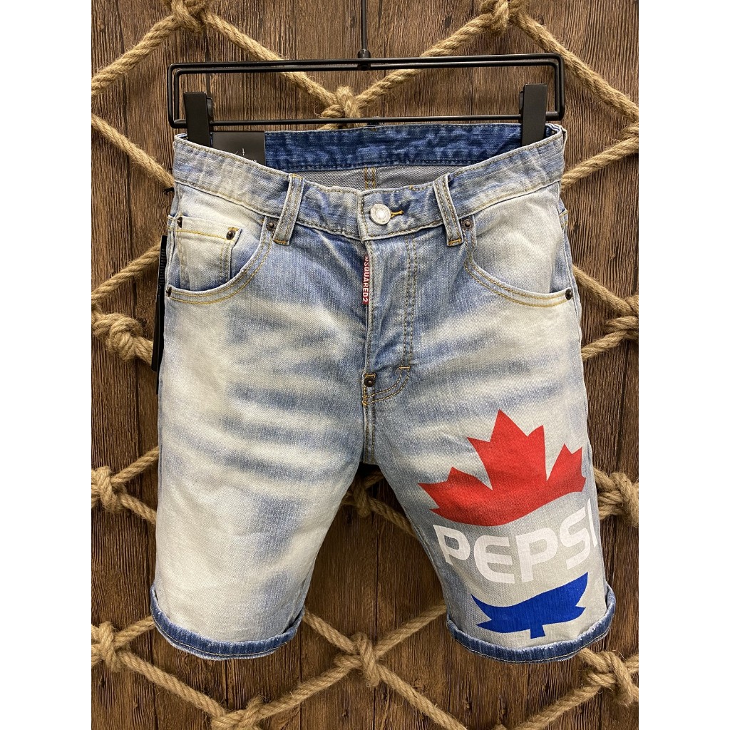 DSQUARED2 Celana Pendek Denim Pria Gambar Cetak Pola Daun Maple Warna Terang Celana Pendek Kasual Tr