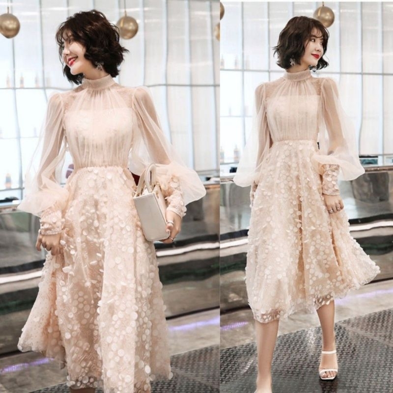 Long Dress Tile 3D Sequin Embroidery Tulle Mesh High Neck Ruched Detail Puff Sleeve Prewedding Party
