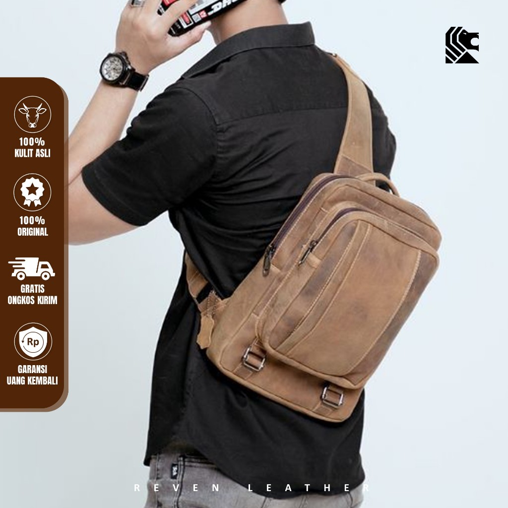 Waistbag Kulit Pria Premium Tas Selempang Bagpack Ransel Slempang 100% Kulit Sapi Asli Crazy Horse F