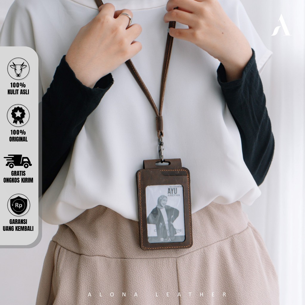 

(FREE GRAFIR) Lanyard ID Card Holder Kulit / Name Tag Kartu Nama Bahan Kulit Sapi Asli Lanyard Papan Nama Model Kalung Tali Panjang Elegan Stylish
