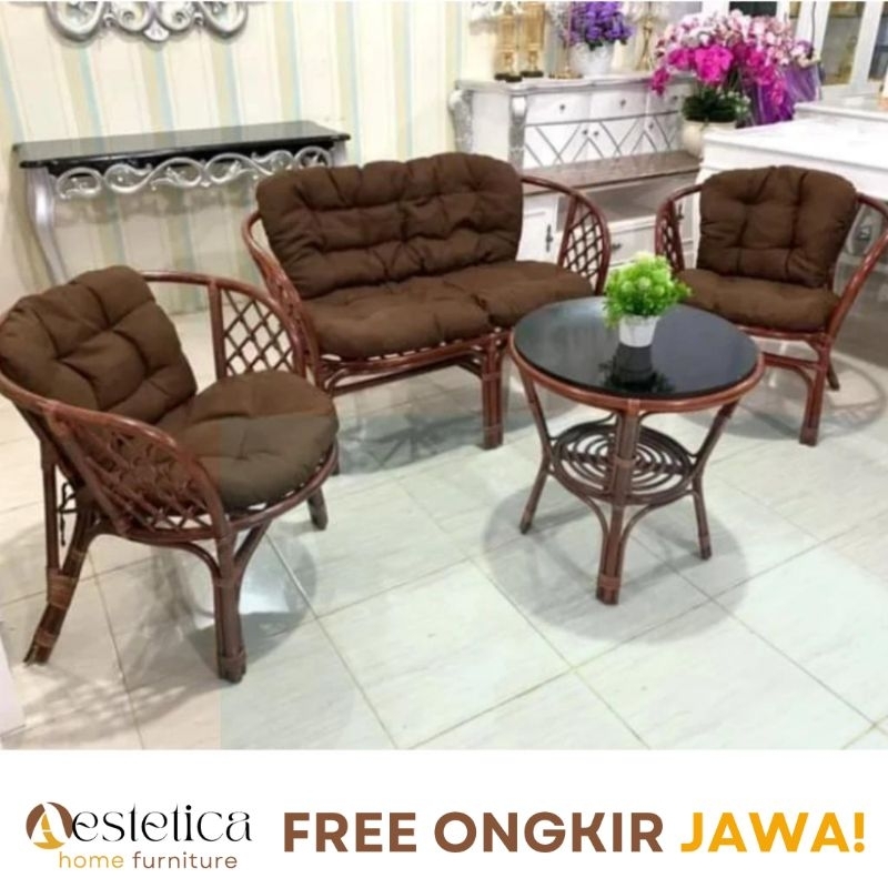 (FREE ONGKIR) SET KURSI TAMU ROTAN ASLI BAHAMA + JOK SANDARAN BUSA BY AESTETICA ROTAN
