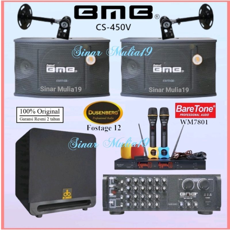 Paket Karaoke BMB DA 1600se Speaker CS 450V Original Subwoofer Dusenberg Fosgate 12 Mic Wireless Bar