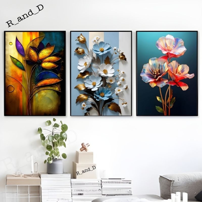 Hiasan dinding poster gambar bunga ukuran 47x31 bingkai kayu, Dekorasi dinding kamar aesthetic, Luki