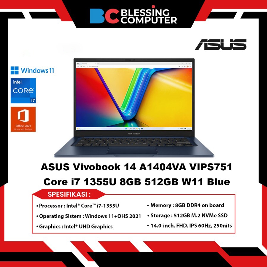 ASUS Vivobook 14 A1404VA VIPS751 Core i7 1355U 8GB 512GB W11 Blue