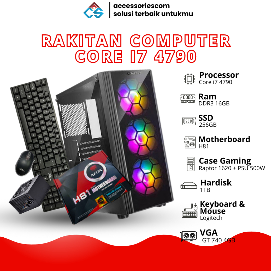 PC Rakitan Office Kantor Intel Core I7 4790, Ram 16 Gb, Ssd 256 Gb + Hdd 1 Tb