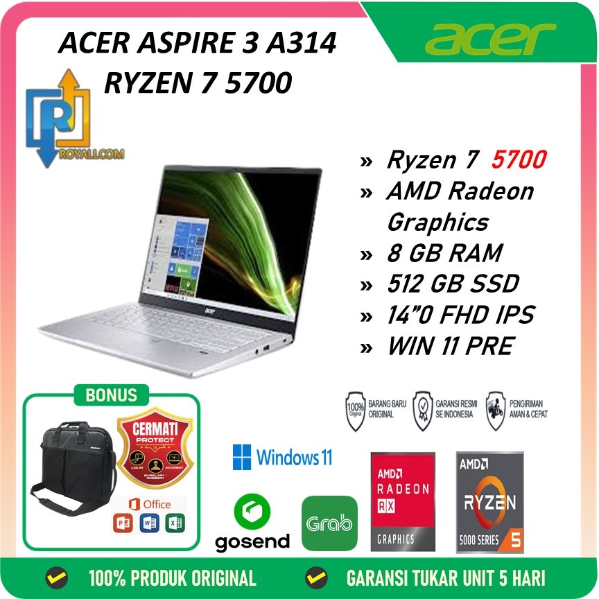 Laptop murah dan berkualitas ACER ASPIRE 3 A314 RYZEN 7 5700 8GB 512GB W11PRE 14.0FHD