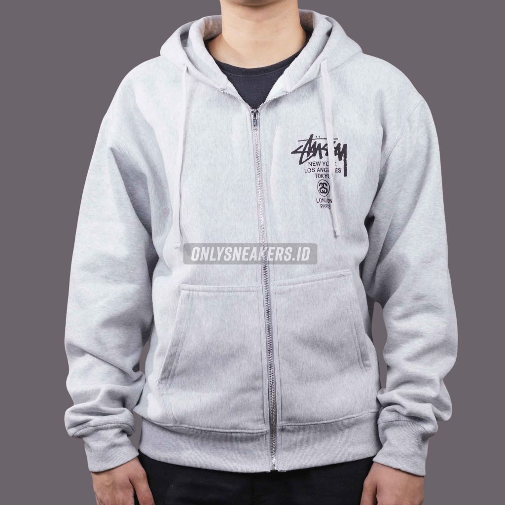 STUSSY WORLD TOUR ZIP ASH HEATHER HOODIE