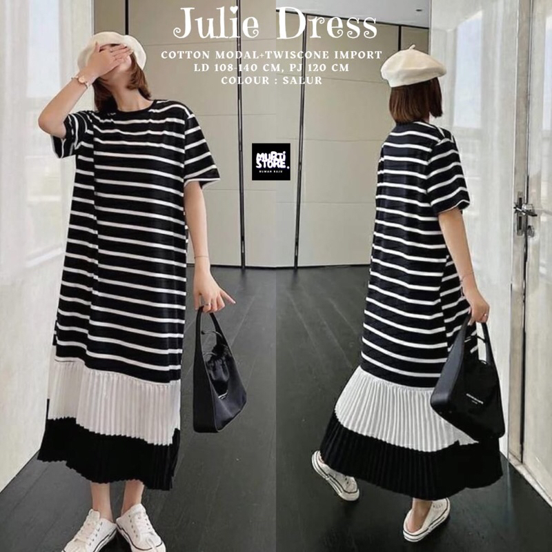 Stripe Midi Dress Import Premium / Julie Dress Salur Rempel Plisket / Dress Midi Salur / Gamis Salur