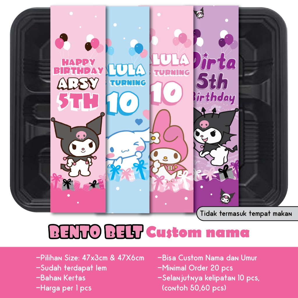 BENTO BELT KUROMI CINAMOROLL MY MELODY PAPER BELT CUSTOM NAMA KERTAS UCAPAN NASI KOTAK MAINAN GOODIE