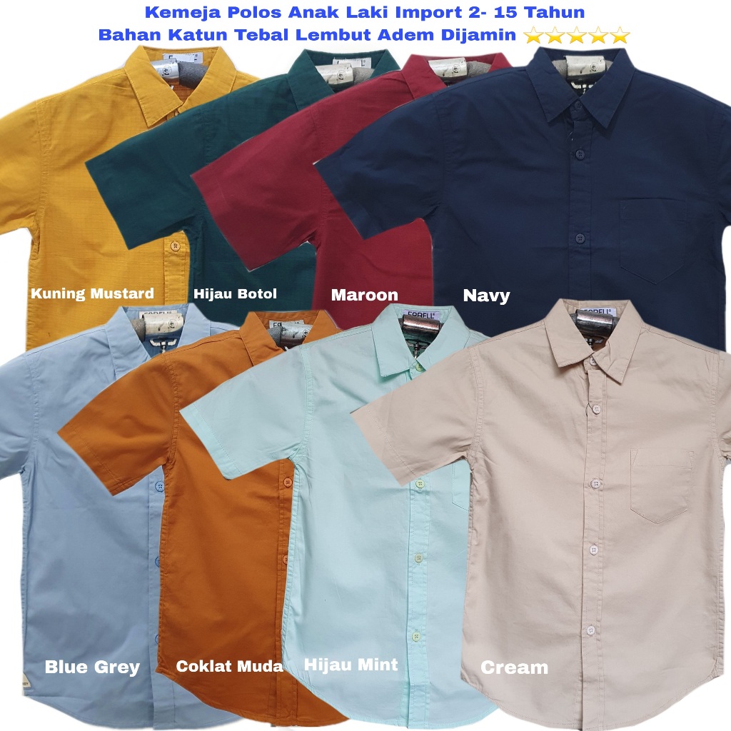 Kemeja Polos Anak Laki Laki 5-15 Tahun Lengan Pendek Katun Premium Hem Remaja Cream Tosca Mint Cokla