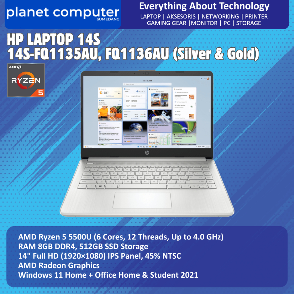 HP 14S-FQ1135AU/FQ1136AU Notebook [AMD Ryzen 5 5500U / 8GB DDR4 / 512GB SSD / 14" FHD IPS / Win11 + 