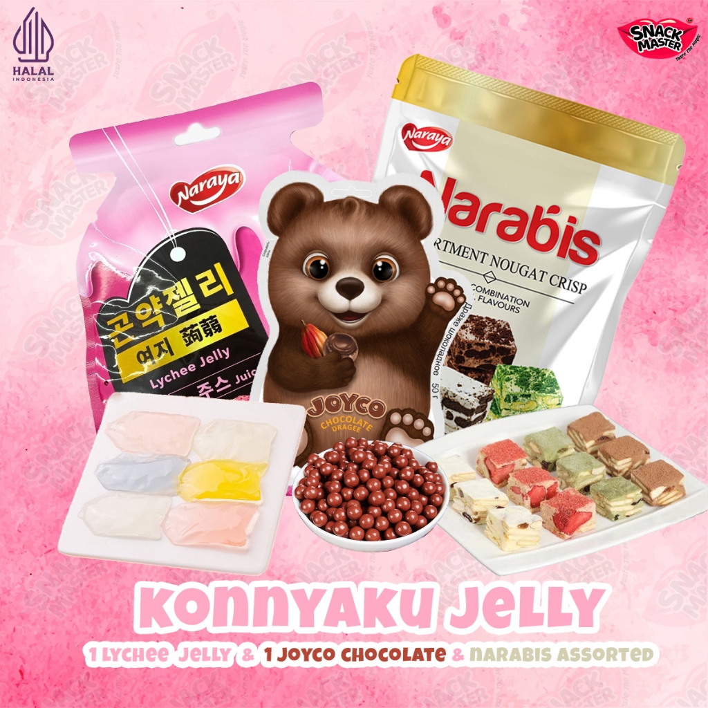 

(PROMO MIX SNACK HALAL) Naraya Nougat Assorted Flavor 1 Pack 90g + Konnyaku Naraya Lychee Flavor Jelly 1 Pack 300g + Joyco Dragee Bear Chocolate Flavor Cokelat 50g | Mix Snack Coklat Nougat dan Jelly