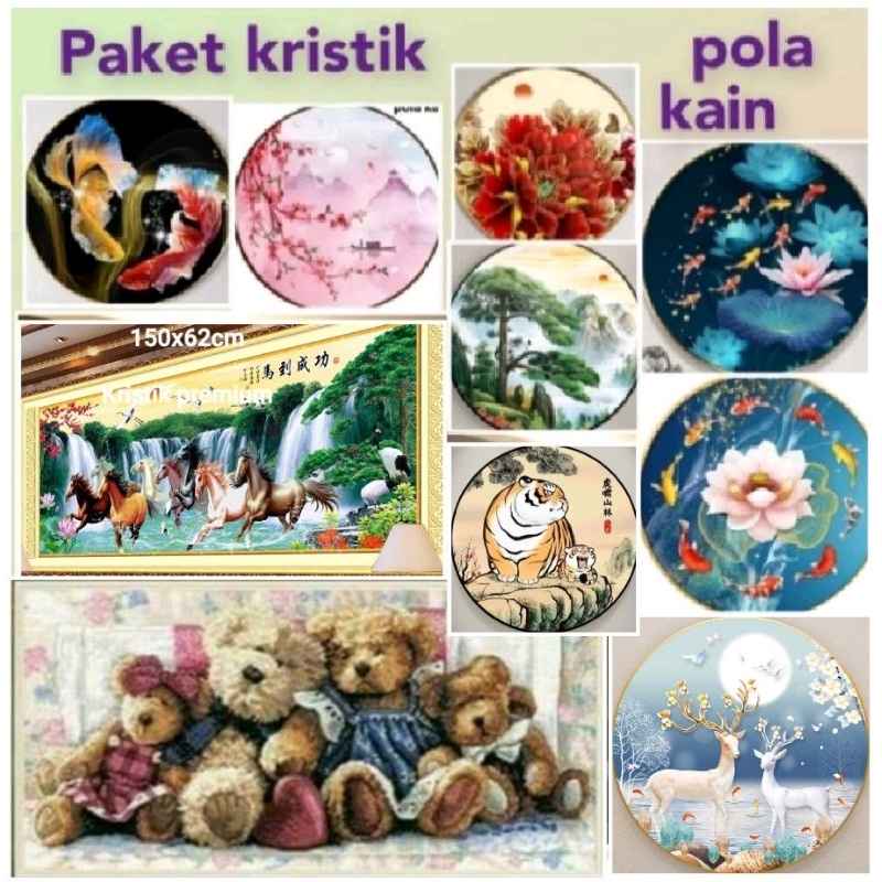 (READY) DIY paket kristik 9 ikan koi kuda merak jumbo dmc pola kain peoni nine fish lotus cross stit