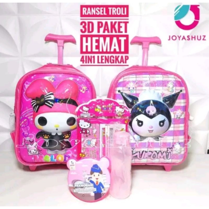 Tas troli anak perempuan TK dan SD ,tas dorong anakTK 3 Dimensi - Tas roda koper anak anak