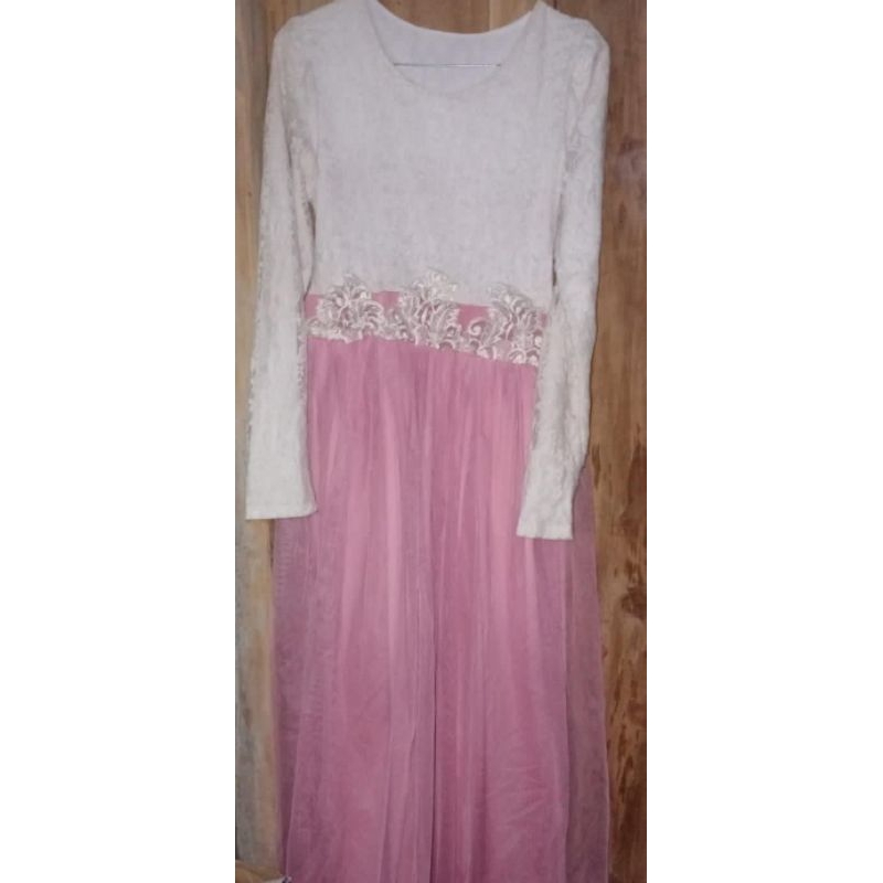 Gamis Dewasa Brukat Pink Putih