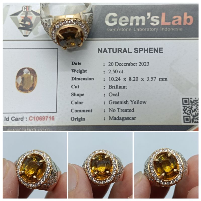 Natural Sphene Madagaskar 2,5 ct memo GLI Luster Bagus Ring Perak