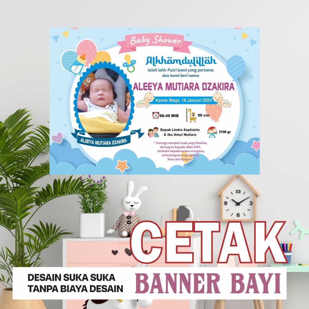 Cetak Banner Nama Bayi / Spanduk Nama Bayi Desain Sesuka Hati Tanpa Biaya Desain