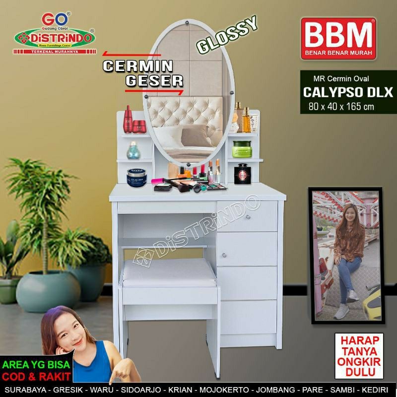Meja Rias Cermin Oval Geser White Glossy Papan Teb Halus ada Lemari Kecil dan Laci Komplit Tempat du