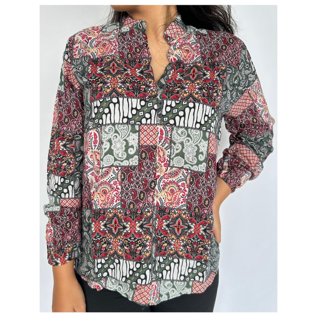 Blouse Rayon Motif Batik Wanita Vneck Lengan Karet