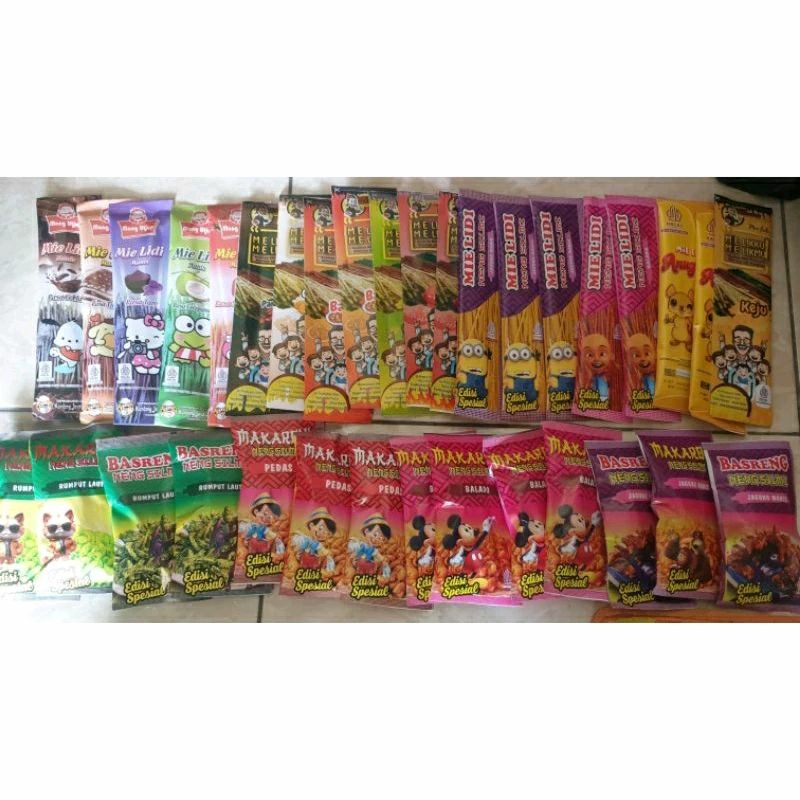 

Peket Jualan Murah dapat 34pcs snack/cemilan karakter isi 15gr/pcs (macaroni,milidi,basreng)random