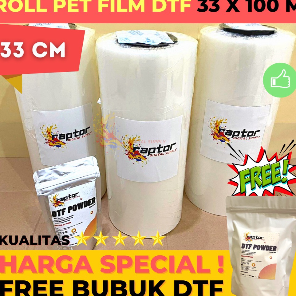 

PET FILM DTF ROLL 33cm x 1m Glossy Premium Quality dgn Tinta DTF powder ART V8H8