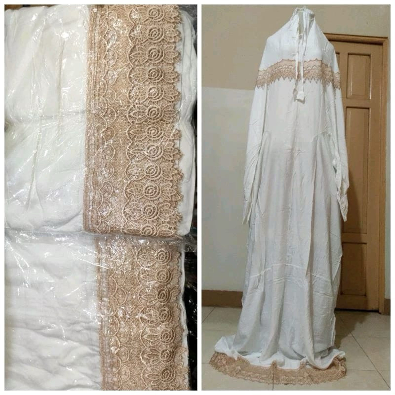 MUKENA TERUSAN RENDA COKLAT DAN RENDA PUTIH