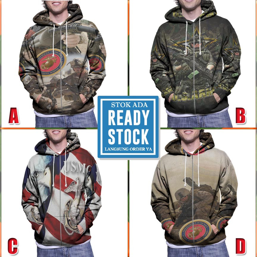 Ritsleting Hoodie US Marine Corps Hoodie Zipper Fullprint Bahan Polyester Jersey
